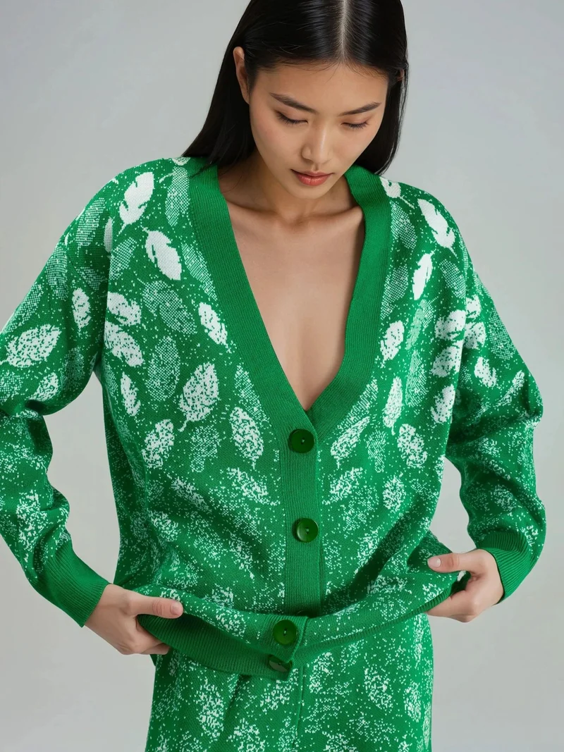 MY FASHION Green MY FASHION V-Neck Jacquard Knit Cardigan and Wide Leg Pants Set for Women | Best Price UAE